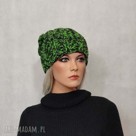 Ciepła czapka unisex zielono-czarna handmade z wełny i akrylu - melanż