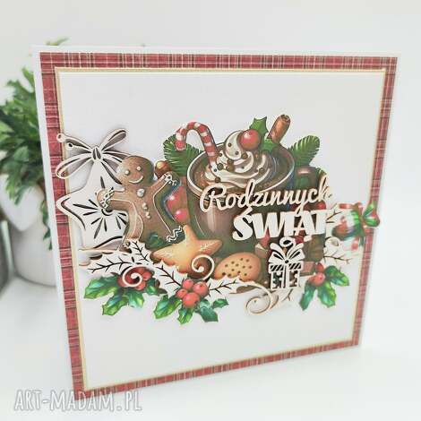 Kartka świąteczna z pierniczkami i napisem „Rodzinnych Świąt” - handmade