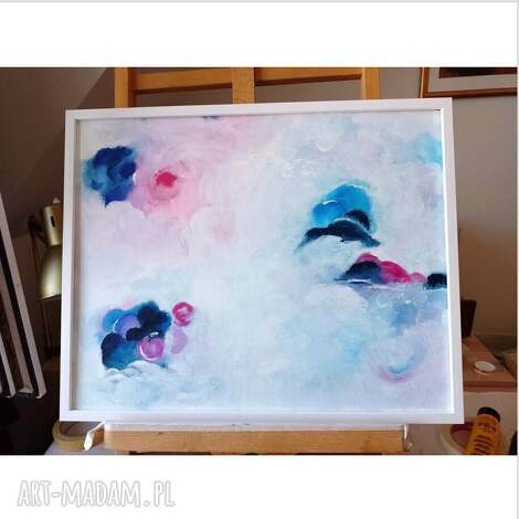 Obraz „Chmurki” ręcznie malowany abstrakcja akryl 52x42 w białej ramie