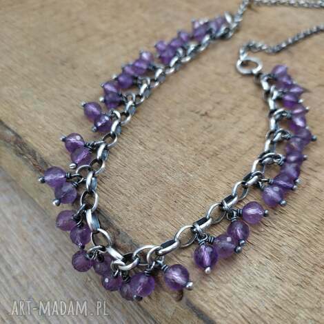 naszyjnik - zawieszki z ametystu, srebro oksydowane, srebro 925 ametyst