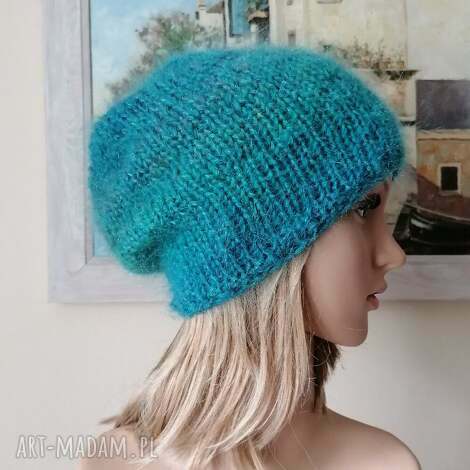 ręcznie na drutach - szmaragdowe turkusy - bardzo ciepła, puchata, ekskluzywna