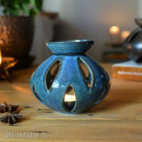 Kominek do wosku ceramiczny Morski - ręcznie robiony zestaw do aromaterapii