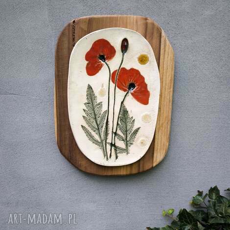 Ceramiczny obraz na drewnie - maki polne do salonu