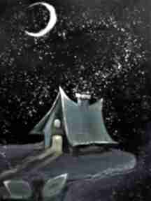 Akryl na płótnie elfów obraz artystki plastyka laube adriana art akwarela, księżyc, elf, domek