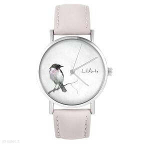 ptaszek pudrowy róż, zegarki yenoo zegarek, skórzany, pasek, ptak, grafika