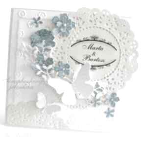 ślubna z imionami scrapbooking kartki jelonkaa ślub, koronka, kwiaty, motyle