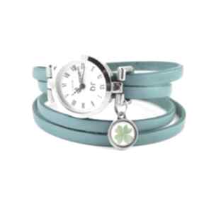 Bransoletka, zegarek - koniczynka niebieski na szczęście zegarki lili arts, skórzany