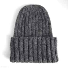 Ręcznie robiona czapka wywijana laurin 100% alpaka 506 ciemny szary nitkowe love męska, zimowa