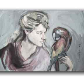 Dziewczyna z papugą akryl na płótnie bajkowa pracownia kobieta, ptaki, ornitologia, natura