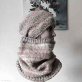 Rękodzieło na druta: bezszwowy na drutac: czapka komin zimowy komplet łosoś - śmietanie