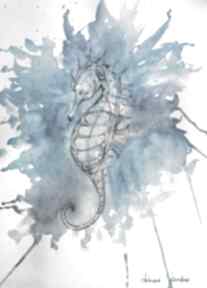"konik morski" akwarela i piórko na papierze A3 artystki adriany laube art, morze, ocean, woda