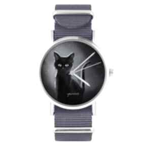 Zegarek - czarny kot, noc fioletowy, nylonowy zegarki
