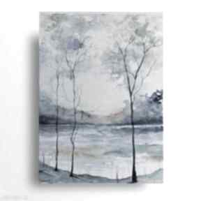 niebiesko szary formatu 24x32 cm paulina lebida pejzaż, akwarela, obraz, drzewa