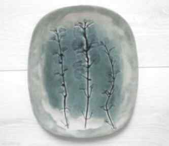 Turkusowy talerz z roślinkami ceramika ana, niebieska patera, ceramiczna, dekoracyjny kolorowa