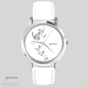 Zegarek, bransoletka - motyle biały, skórzany zegarki yenoo, motyl, prezent
