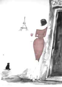Popołudnie w paryżu akwarela artystki plastyka laube adriana art eiffla, kot, wino, paryski