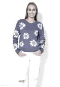 Sweter w kwiatki - swe302 kobaltowy mkm swetry, w kwiaty, niebieski, damski