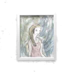 Malowwana ręcznie akwarela w ramce, kolorowa grafika z dziewczyną, baśniowy obraz, rysunek