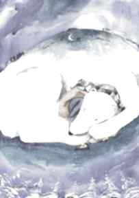 "sen zimowy" akwarela artystki adriany laube - obraz na papierze a3 art, miś - niedźwiedź