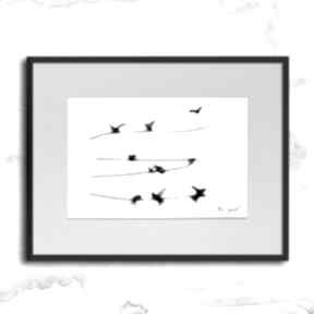 Grafika z ramą - nr 105 maja gajewska z czarno biała, ilustracja z ptakami, dekoracja do salonu