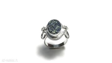 Srebrny pierścionek z druzą agatu dark styl, agat, srebro