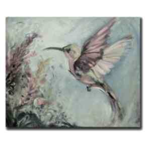 Malarstwo olejne - obraz na płótnie, koliber, kwiaty, moment - oryginalny bajkowa
