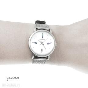 Zegarek, turkusowe piórka mały zegarki yenoo bransoletka, metalowa, piórko, grafika