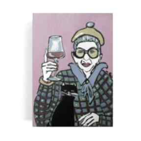 Obraz babcia z lampką wina i kotkiem carmenlotsu do salonu, obrazy na zamówienie, malarstwo