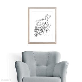 Akwarela czarno biała A4, obraz do salonu, na ścianę, elegancki minimalizm, polne kwiaty renata