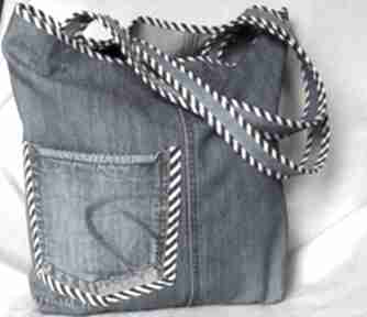 z jeansu wykończona lamówką na ramię gabiell torba, eko jeans, bawełna, paski