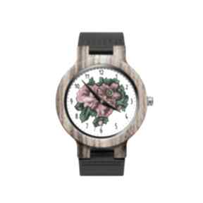 Drewniany zegarek na czarnym pasku z grafiką zegarki ludowe love kwiat, róże, folklor
