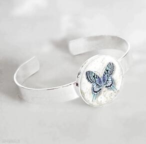 Efektowna bransoletka posrebrzana: błękitny motyl gala vena szklana, motylek, niebieski