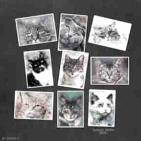 w - zestaw 9 rozmiarze 13x18 cm justyna jaszke kot, koty, grafiki, pocztówki, w akwareli