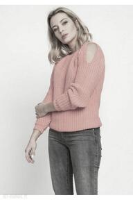 Raglanowy sweter, swe176 coralpink mkm swetry, jesień, wycięcia, róż