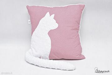 Poduszka kotek z ogonem, 3d z wystającym, biały kot, różowa