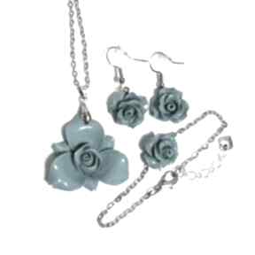 2 - turkusowo niebieska koral yenoo komplet, bransoleta, kolczyki, biżuteria na wesele, róża