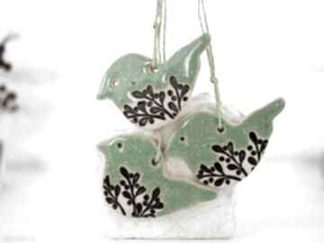 Pomysł na prezent. 3 ceramiczne ozdoby - ptaszki zielone dekoracje świąteczne fingers art