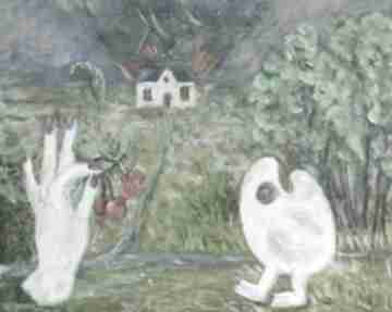 Dom artystki elisabeth zielony pejzaż, z paletą, dłonią, surrealizm bajeczny, fantazja obraz
