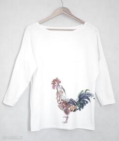 oversize S m biała gabriela krawczyk bluzka, koszulka, kogut, nadruk, bawełniana