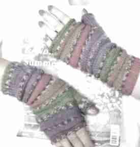 Gąsienniczki z fioletem rękawiczki jaga11 mitenki, rękodzieło, druty, kolorowe