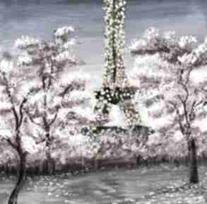 paryż francja. Obraz wieża eiffla pejzaż wiosna kwitnące wiśnie