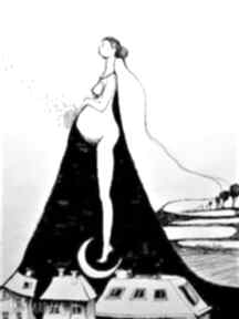 Rysunek piórkiem artystki plastyka laube adriana art kobieta, ciąża, księżyc, ptaki, matka
