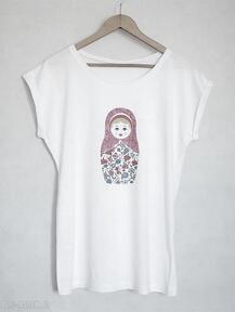 Matrioszka koszulka oversize biała M l gabriela krawczyk, t-shirt, bawełna, nadruk