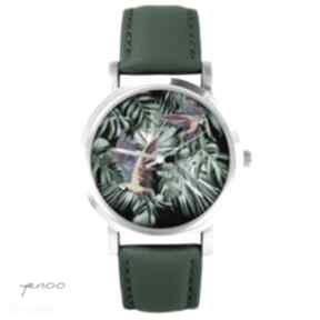 Zegarek - papugi, tropikalny skórzany, ciemno zielony, palmy zegarki yenoo, bransoletka