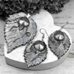 Jesienny komplet biżuterii z kryształami w odcieniach srebra kameleon liście - kryształ