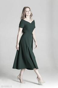 trapezowa midi, suk181 zielony lanti urban fashion sukienka, coldarms, carmen, na wesele