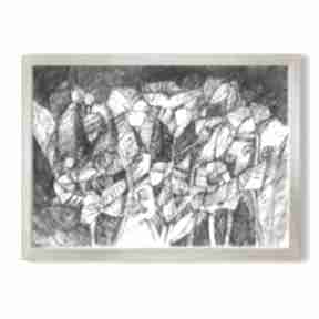Czarno biały obraz A4, nowoczesny rysunek 21x30, abstrakcja, oryginalny szkic w ramce annasko