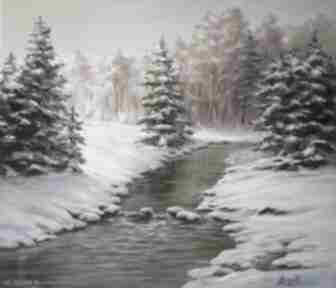Obraz olejny pejzaż zimowy krajobraz zima: ręcznie malowany. Oryginalny produkt, las