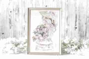 Obraz - akwarela dama z bukietem maly koziolek, dziewczyna, ręcznie malowany - pokój