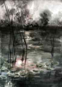 "światło w szuwarach" akwarela artystki adriany laube - obraz A3 art pejzaż natura, nad wodą